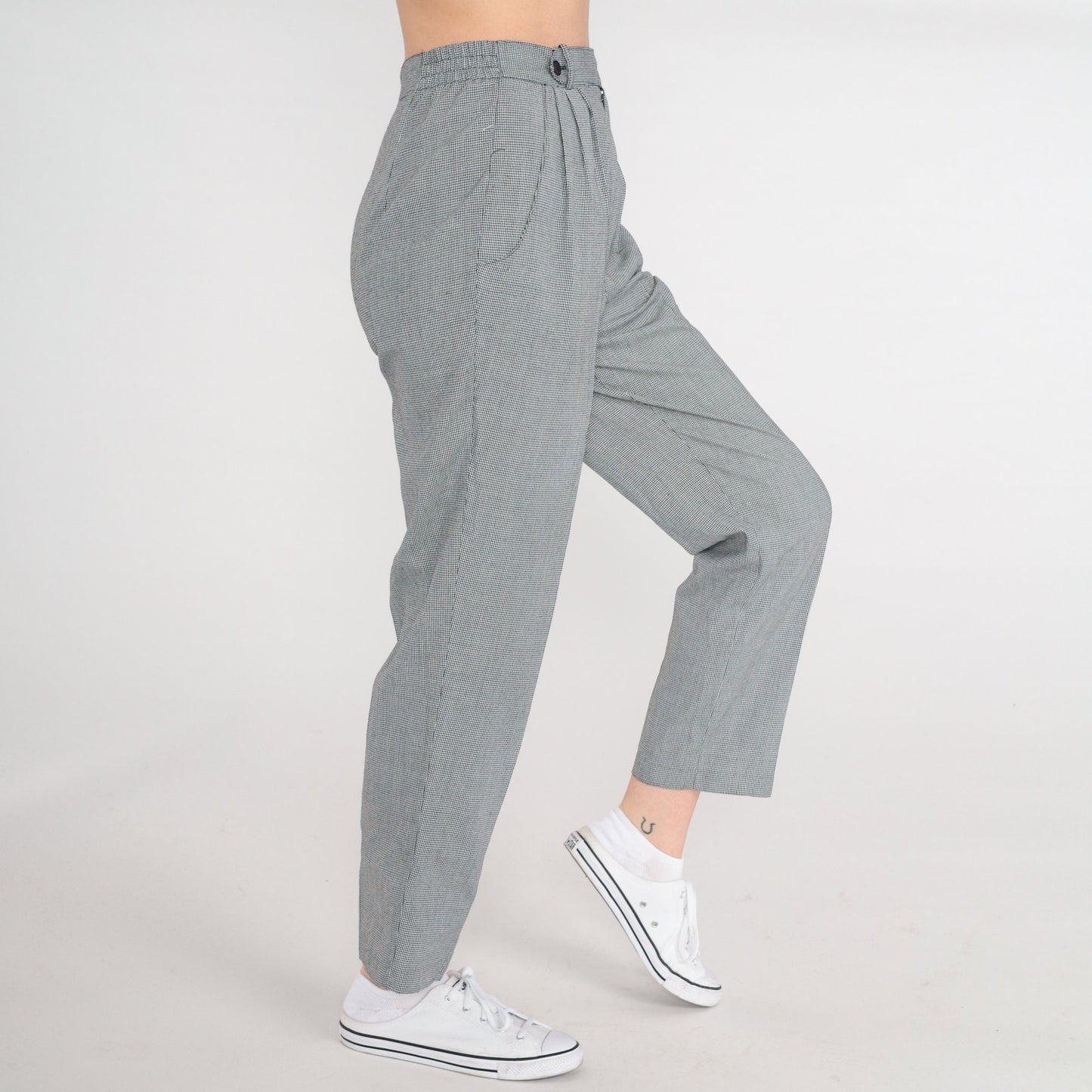 80s Checkered High-Waisted Tapered Trousers Pleated Plaid Pants Small