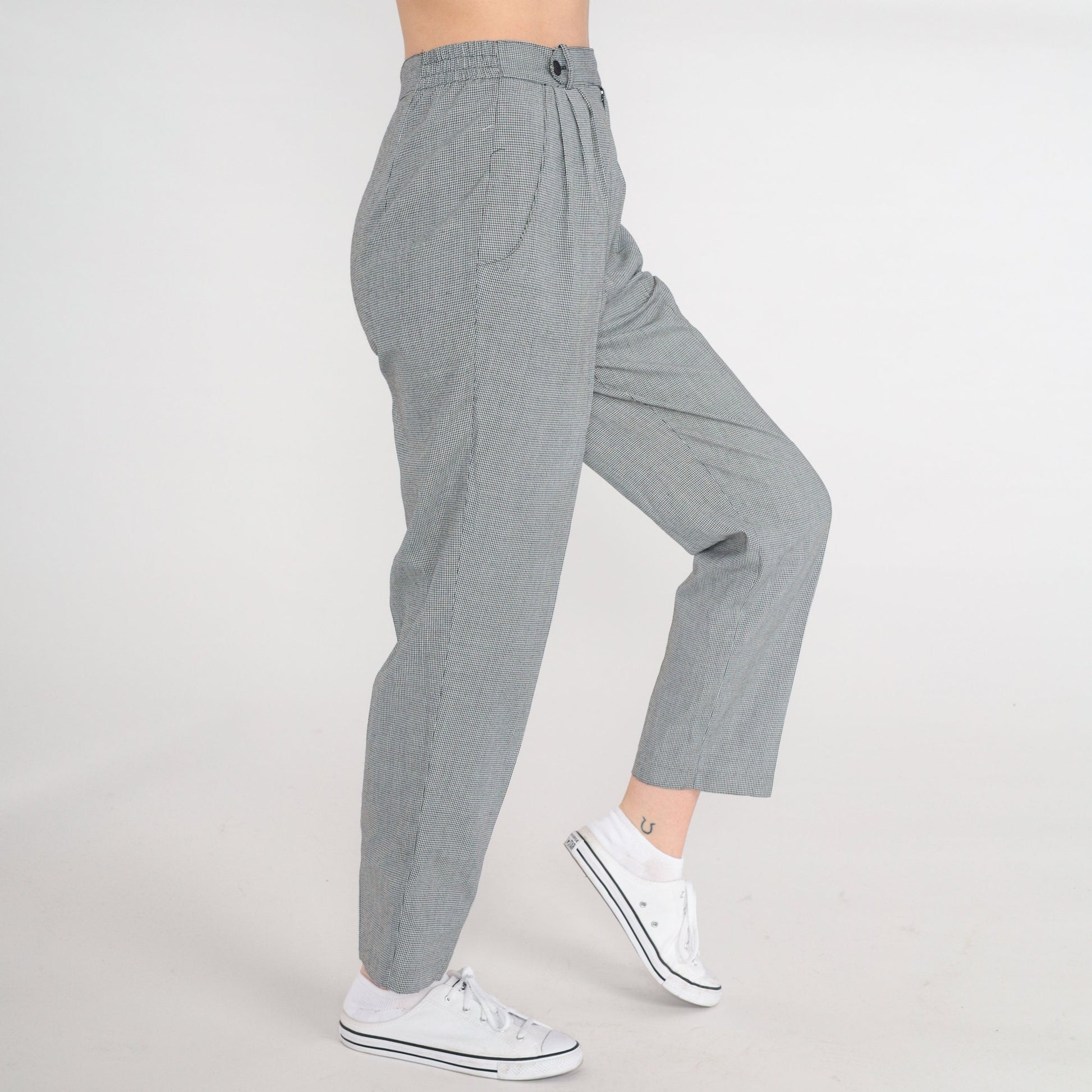 80s Checkered High-Waisted Tapered Trousers Pleated Plaid Pants Small