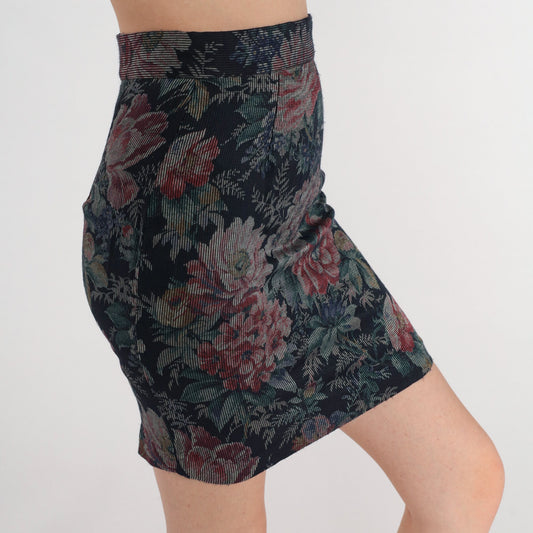 80s Byer of California Navy Floral Corduroy Mini Skirt High Waisted Pencil Extra Small
