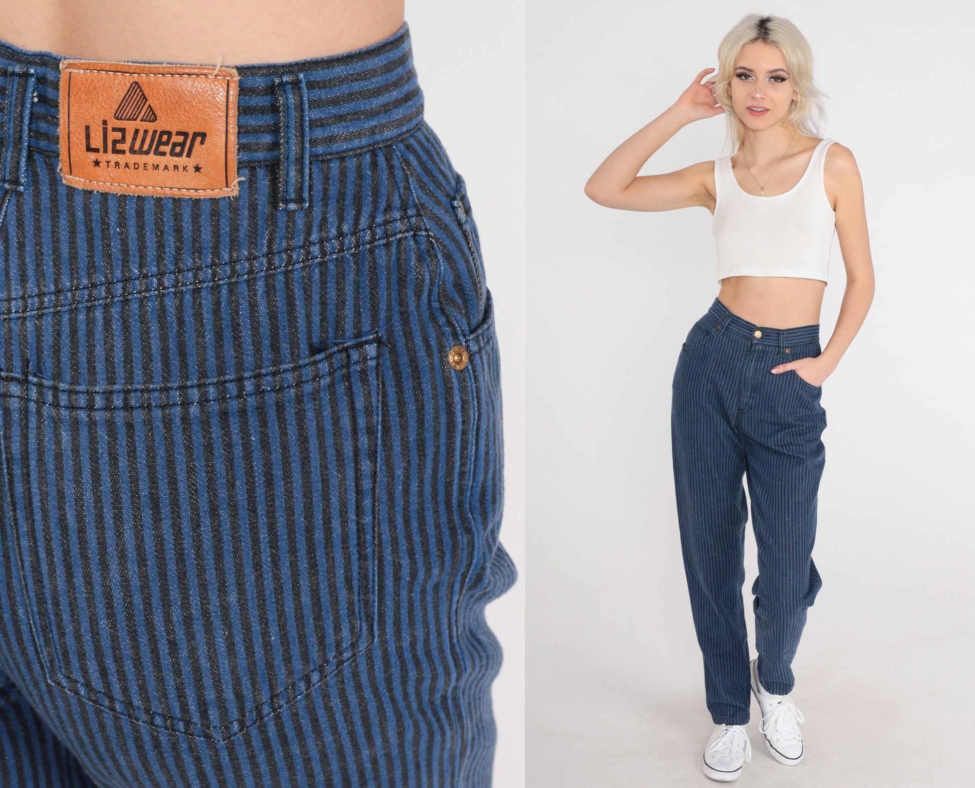 80s Liz Claiborne Striped High-Waist Tapered Jeans Black Blue Small 4