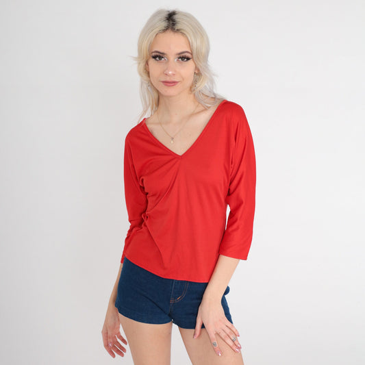 70s Red V-Neck Dolman Sleeve Blouse Polyester Vintage Small Medium