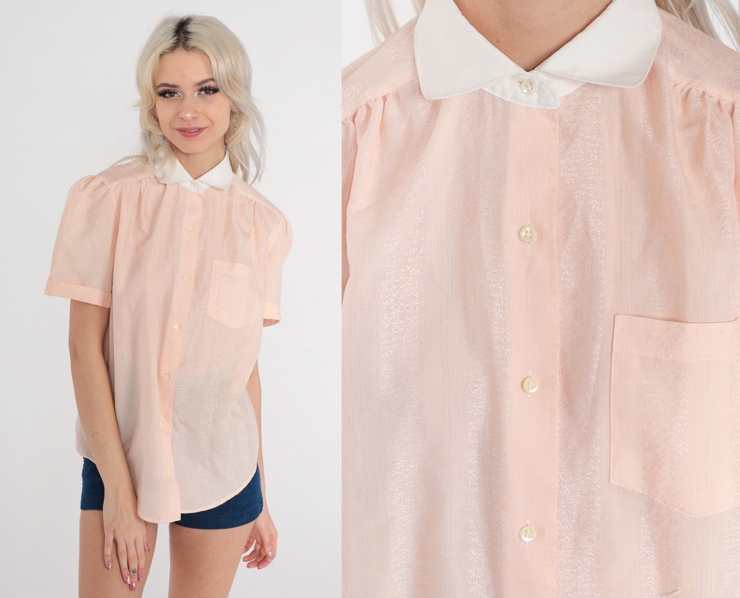 80s Peach Pink Embossed Floral Puff Sleeve Button Up Blouse Large