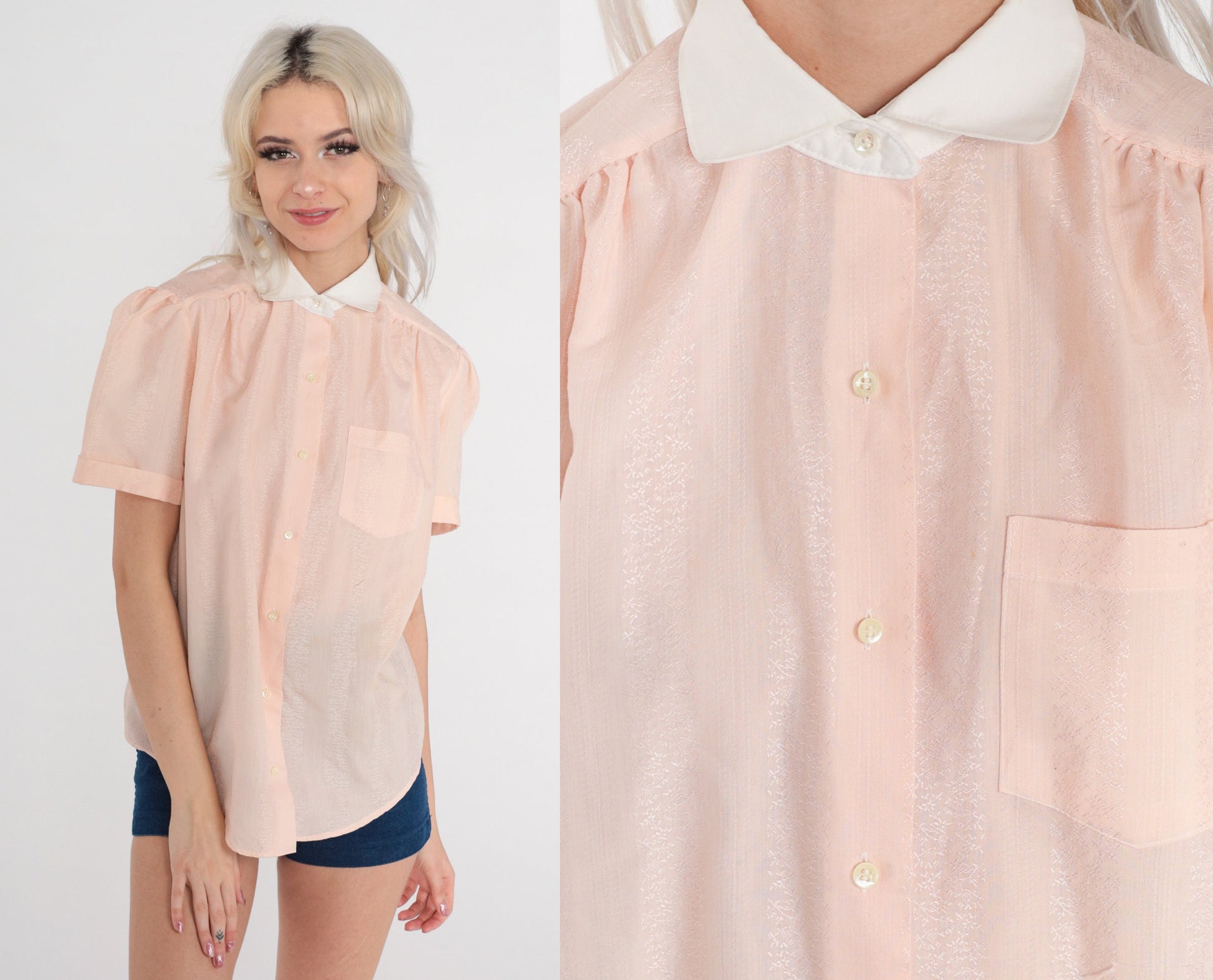 80s Peach Pink Embossed Floral Puff Sleeve Button Up Blouse Large