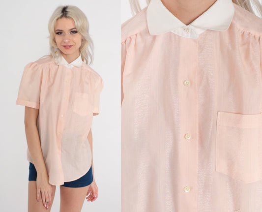 80s Peach Pink Embossed Floral Puff Sleeve Button Up Blouse Large