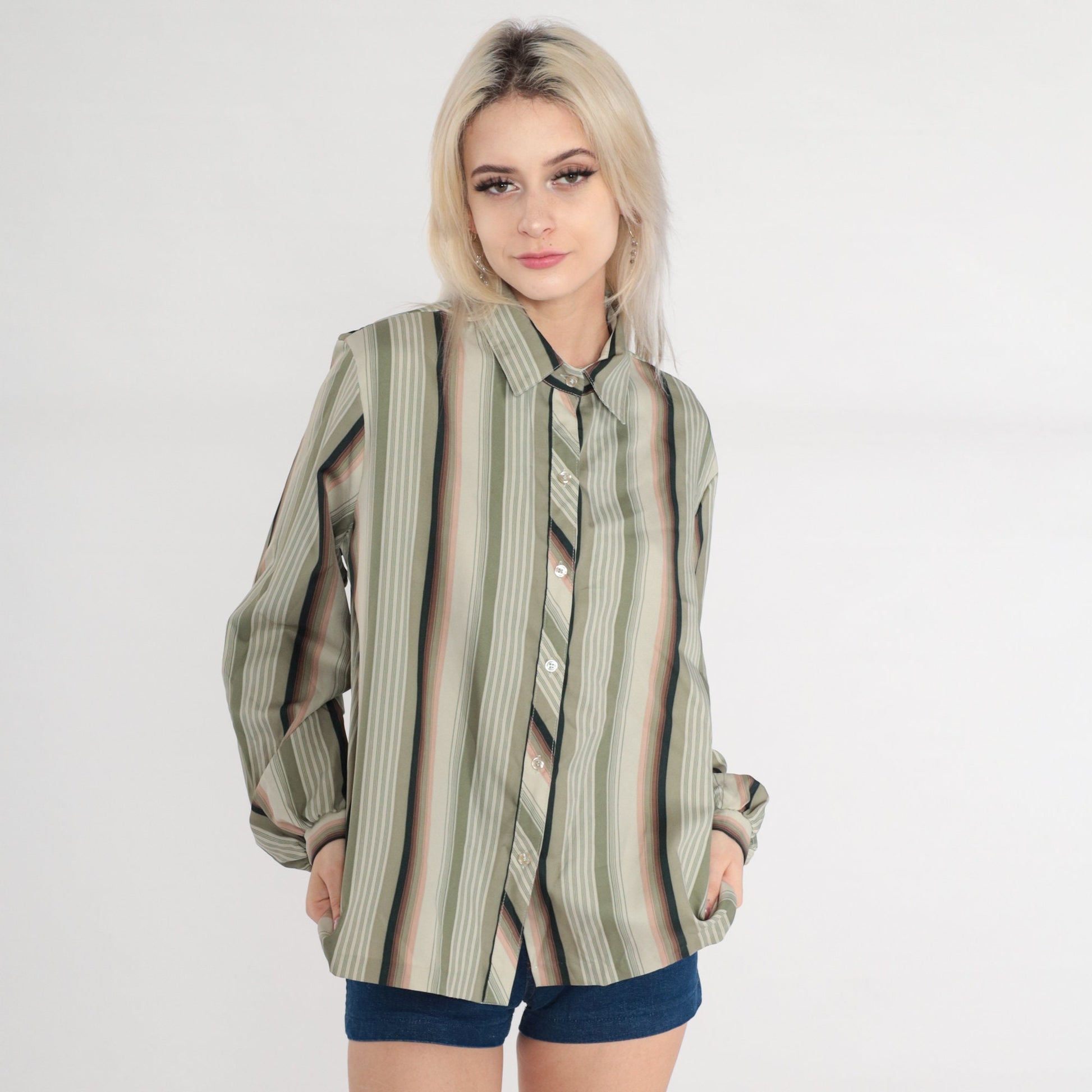 70s Lady Arrow Striped Button-Up Blouse Long Sleeve Collared Green Pink Large L