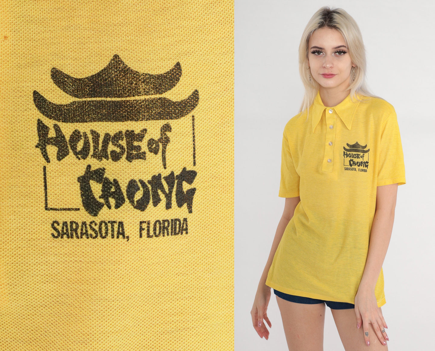 70s House of Chong Yellow Polo Shirt Dagger Collar Button-Up Medium