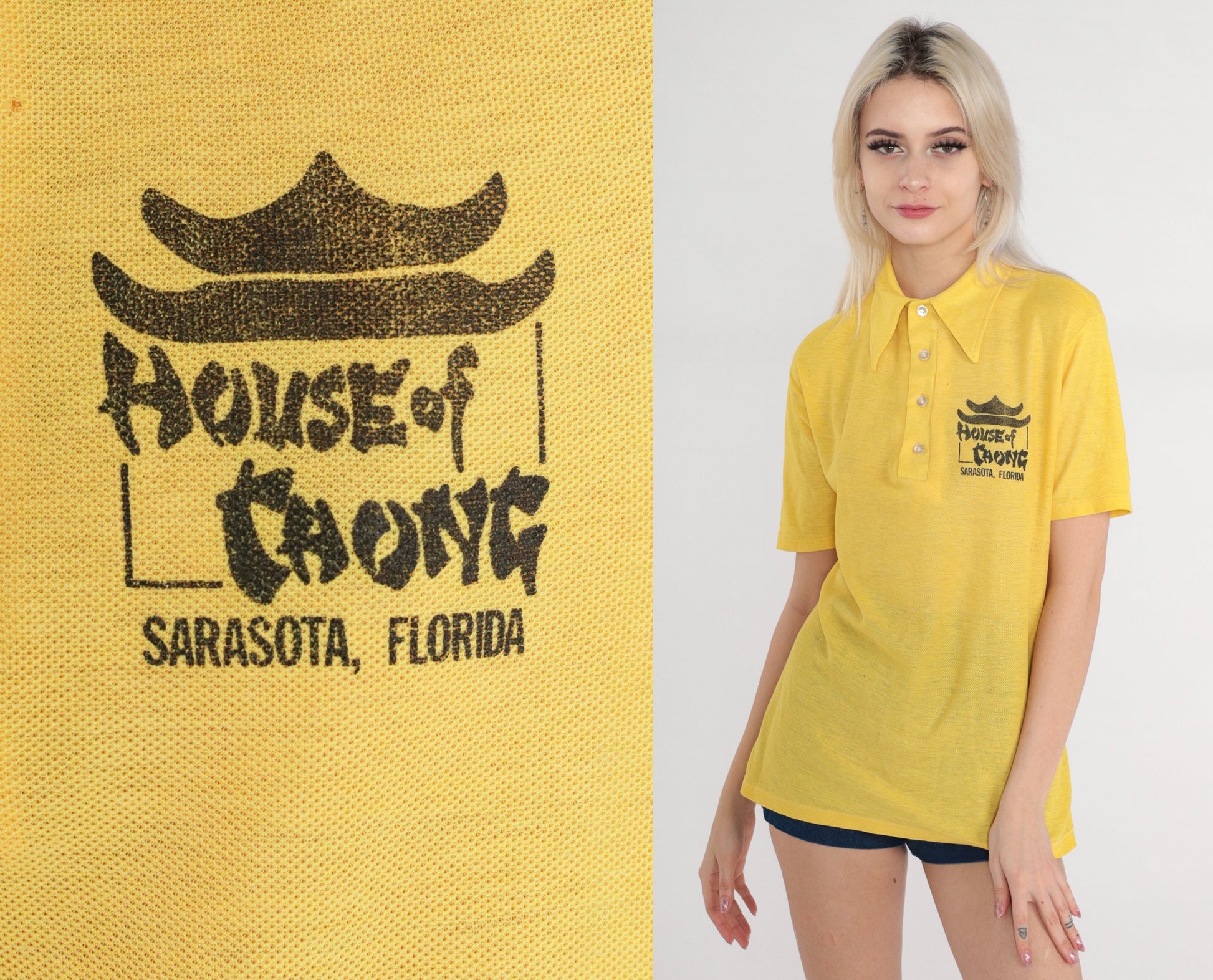 70s House of Chong Yellow Polo Shirt Dagger Collar Button-Up Medium
