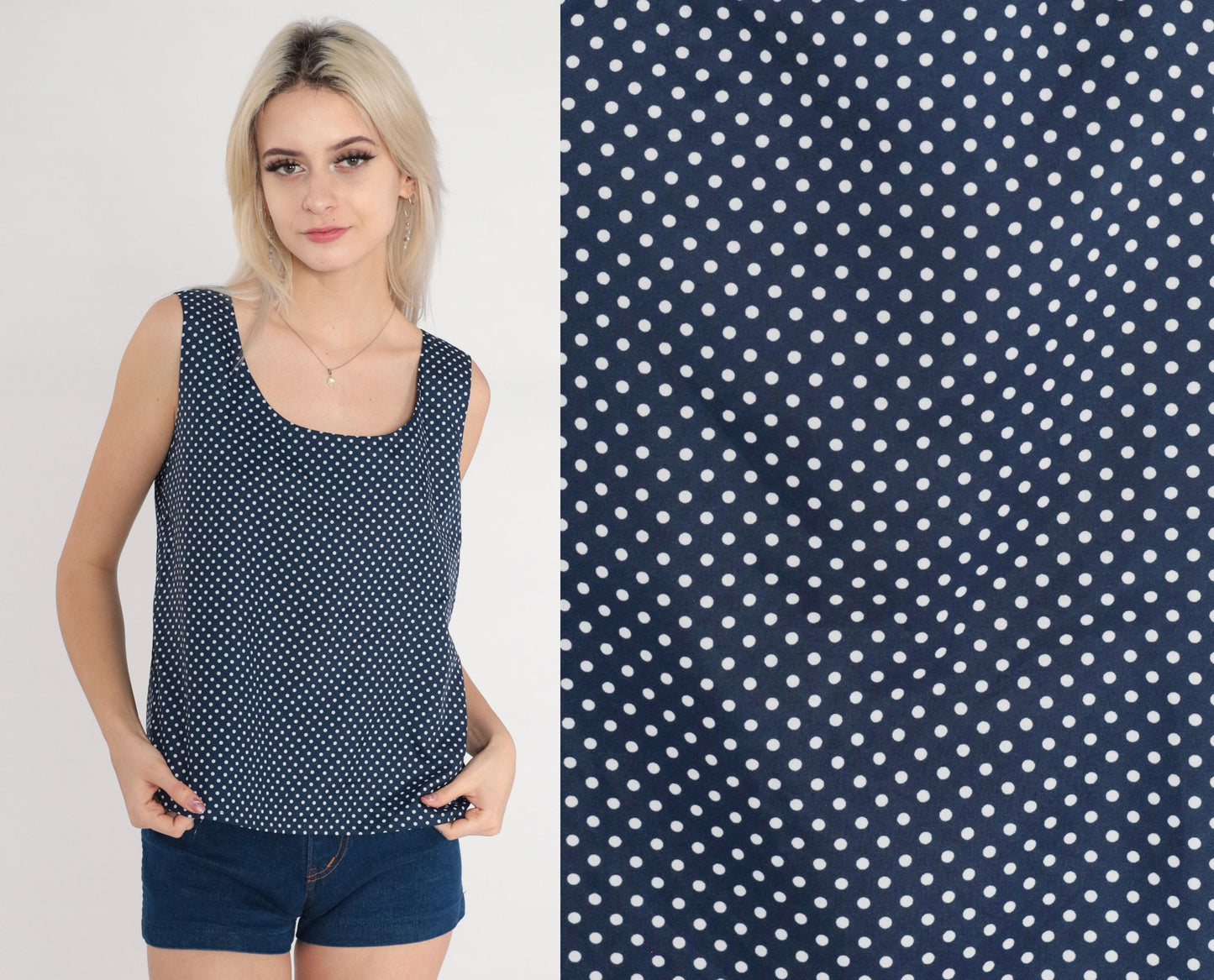 70s Navy Polka Dot Tank Top White Sleeveless Blouse Button Back Small