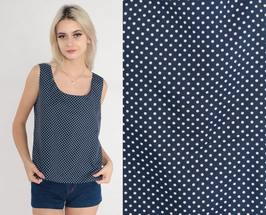 70s Navy Polka Dot Tank Top White Sleeveless Blouse Button Back Small