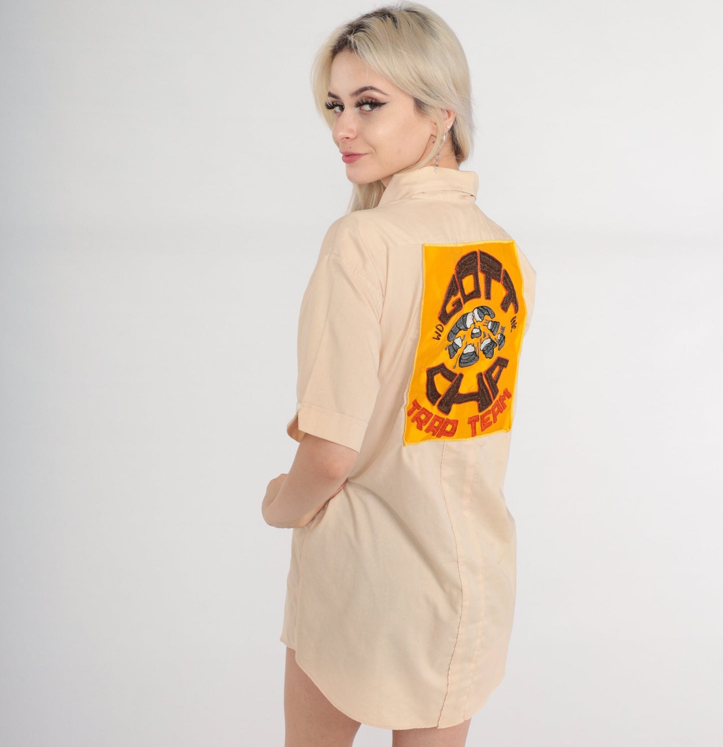 70s Gotcha Trap Team Hunting Shirt Beige Quilted Button Up Medium