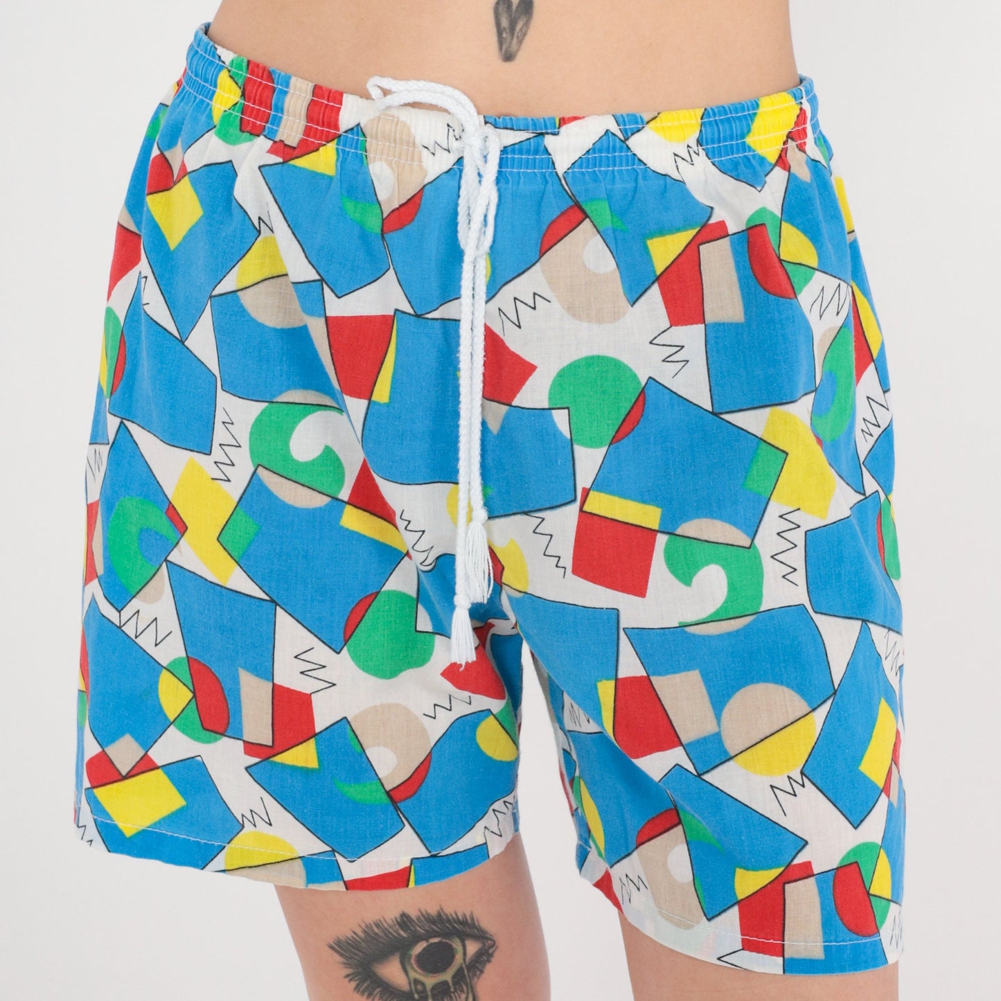 90s Geometric Shorts Bright Blue High Waist Drawstring Cotton Medium Large