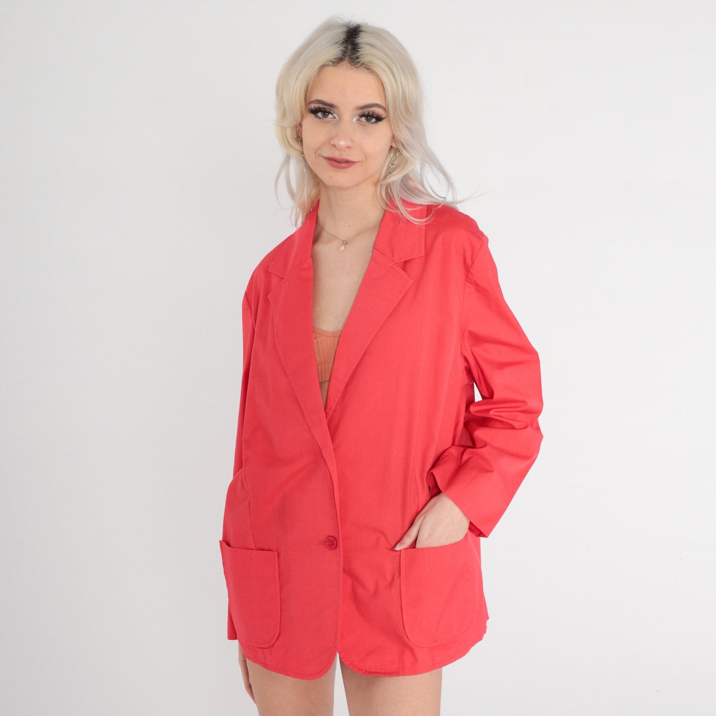 90s Coral Red Blazer Double Button Cotton Blend Jacket Medium