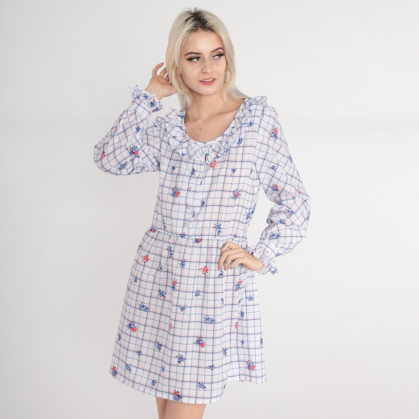 70s Checkered Floral Mini Dress Pearl Button High Waist Puff Sleeve Medium