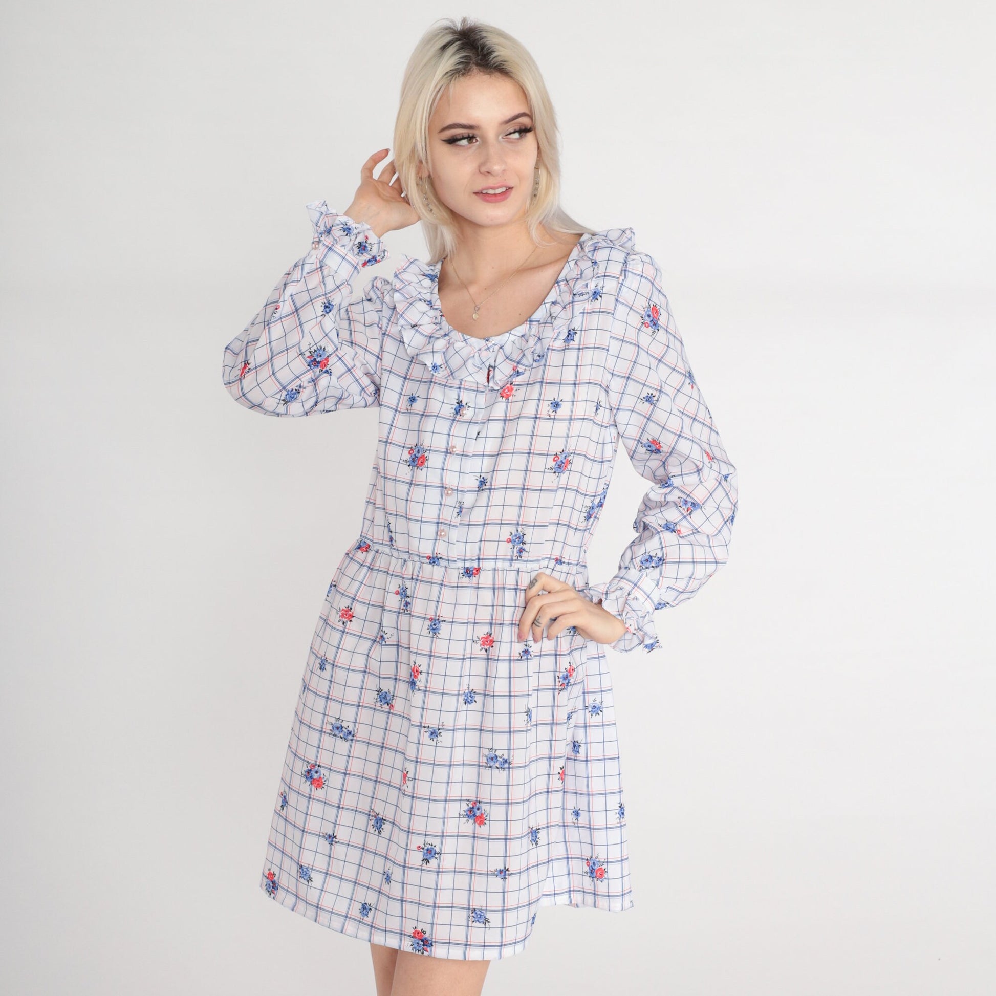 70s Checkered Floral Mini Dress Pearl Button High Waist Puff Sleeve Medium