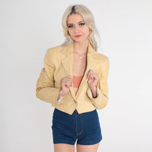 80s Pioneer Wear Leather Blazer Cropped Deep V Neck Sand Yellow Extra Small