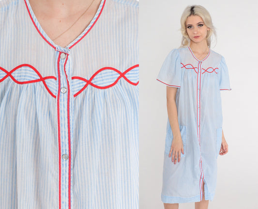 80s Striped Midi Lounge Dress Blue White Puff Sleeve Button-Up Medium