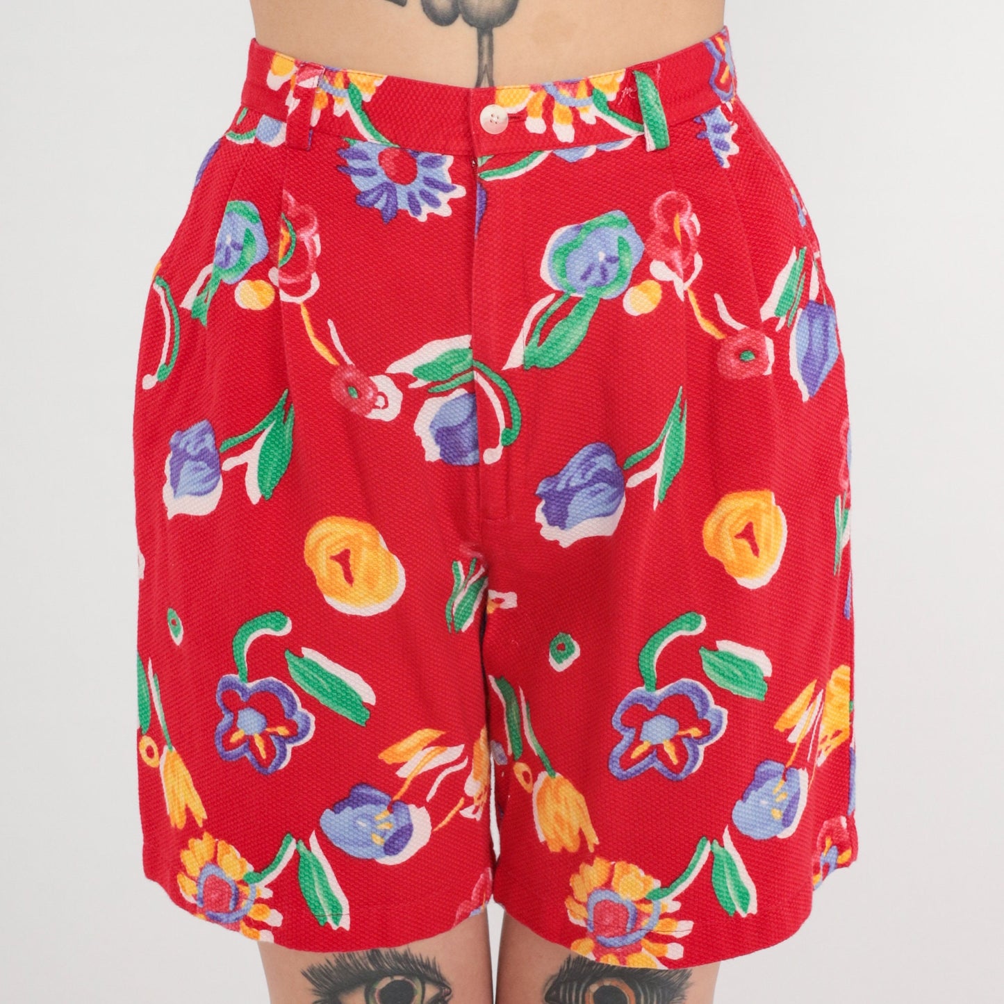 90s Red Floral High-Waisted Shorts Cotton Pockets Small
