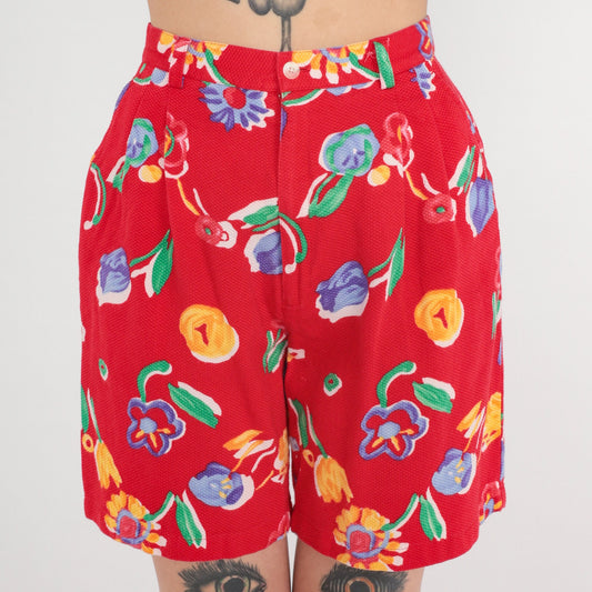 90s Red Floral High-Waisted Shorts Cotton Pockets Small