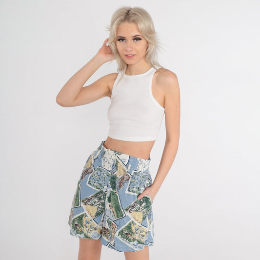 90s Bahamas Postcard Pleated High-Waist Shorts Blue Cotton Small