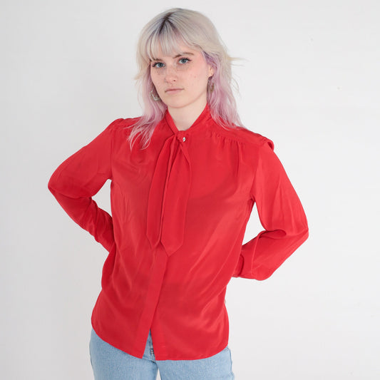 80s Red Ascot Bow Blouse Long Sleeve Button-Up Secretary Shirt Medium 8