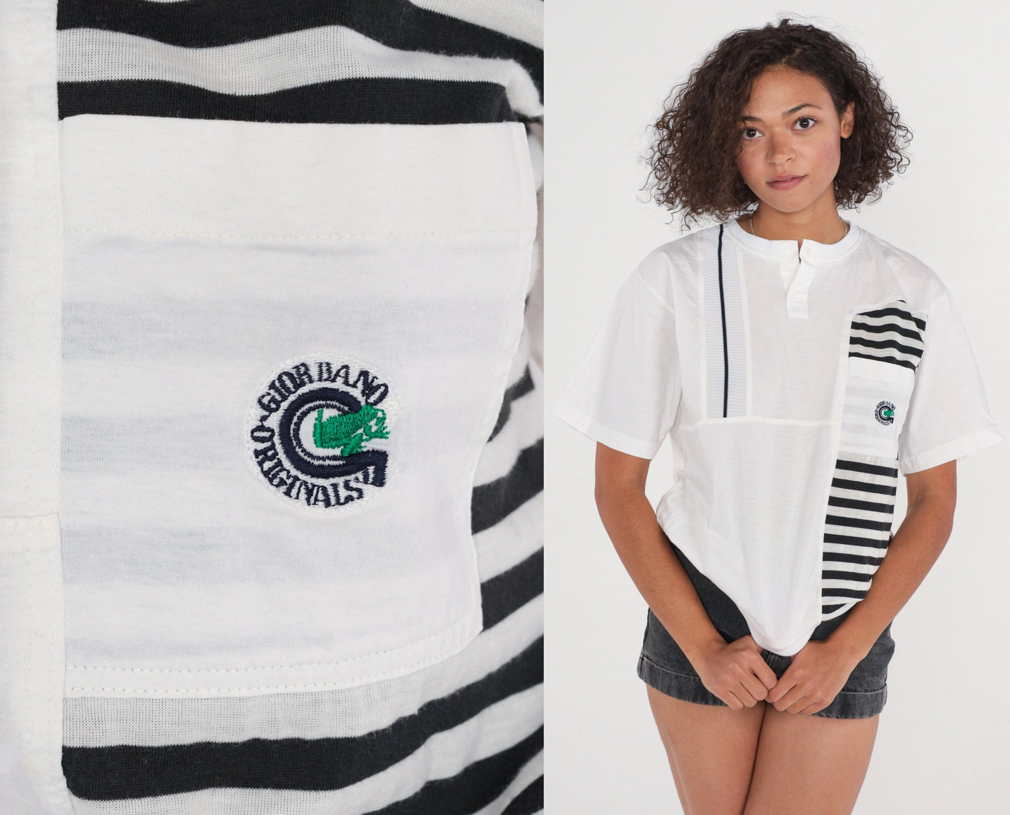 90s Giordano Striped Henley Shirt White Black Short Sleeve Medium