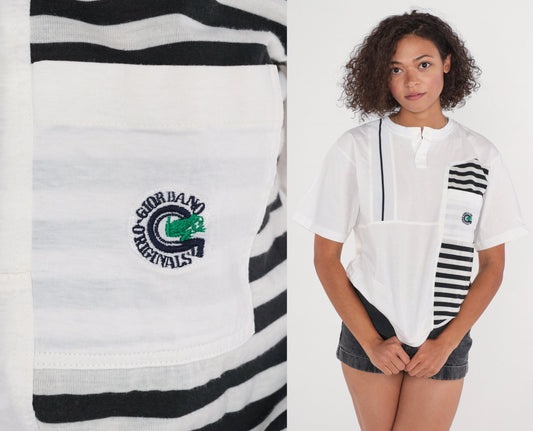 90s Giordano Striped Henley Shirt White Black Short Sleeve Medium