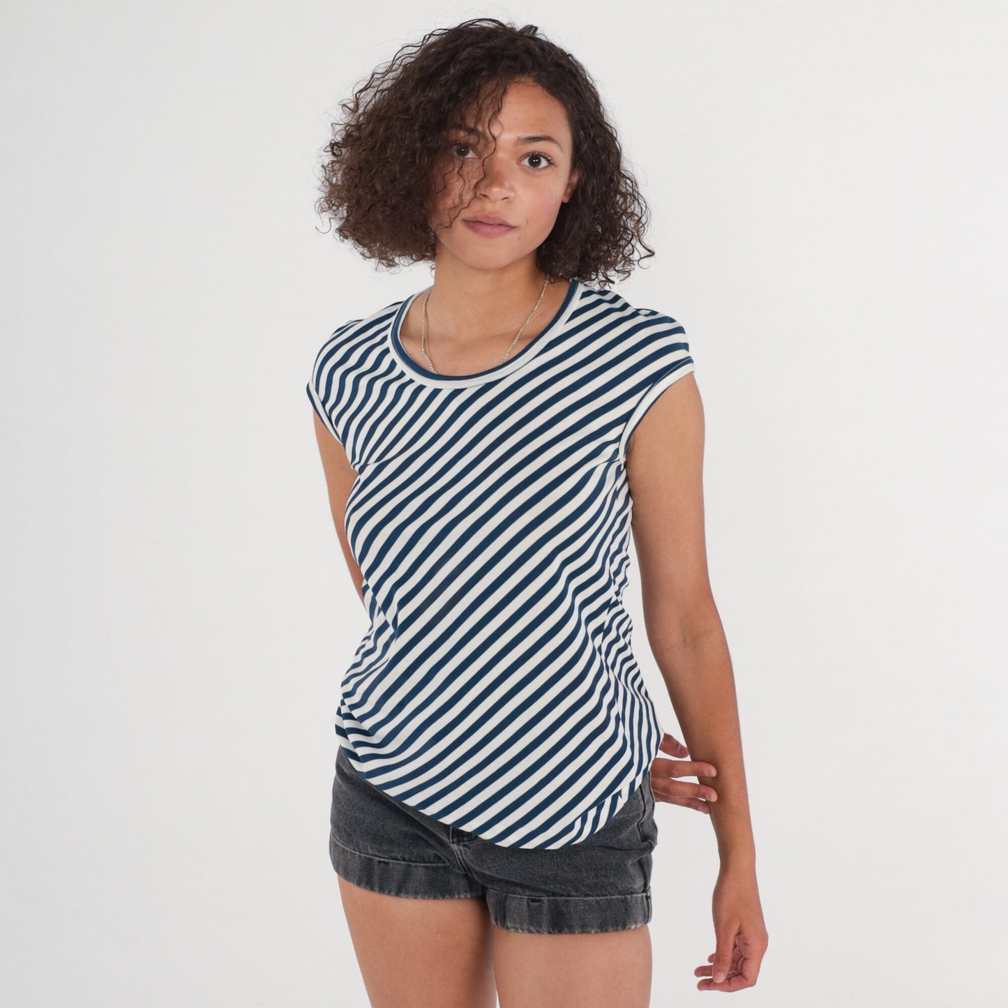70s Navy White Diagonal Striped Cap Sleeve Blouse Crew Neck Small