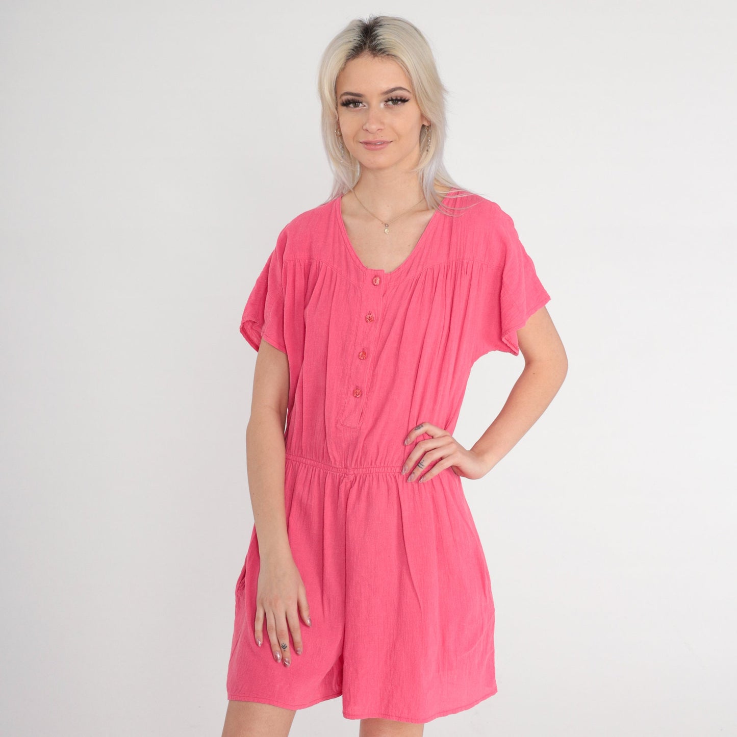 80s Pink Cotton Romper High Waisted Button Front Short Sleeve Small