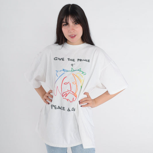 90s Christian Jesus Graphic Tee "Give the Prince of Peace a Chance" White Cotton XXL