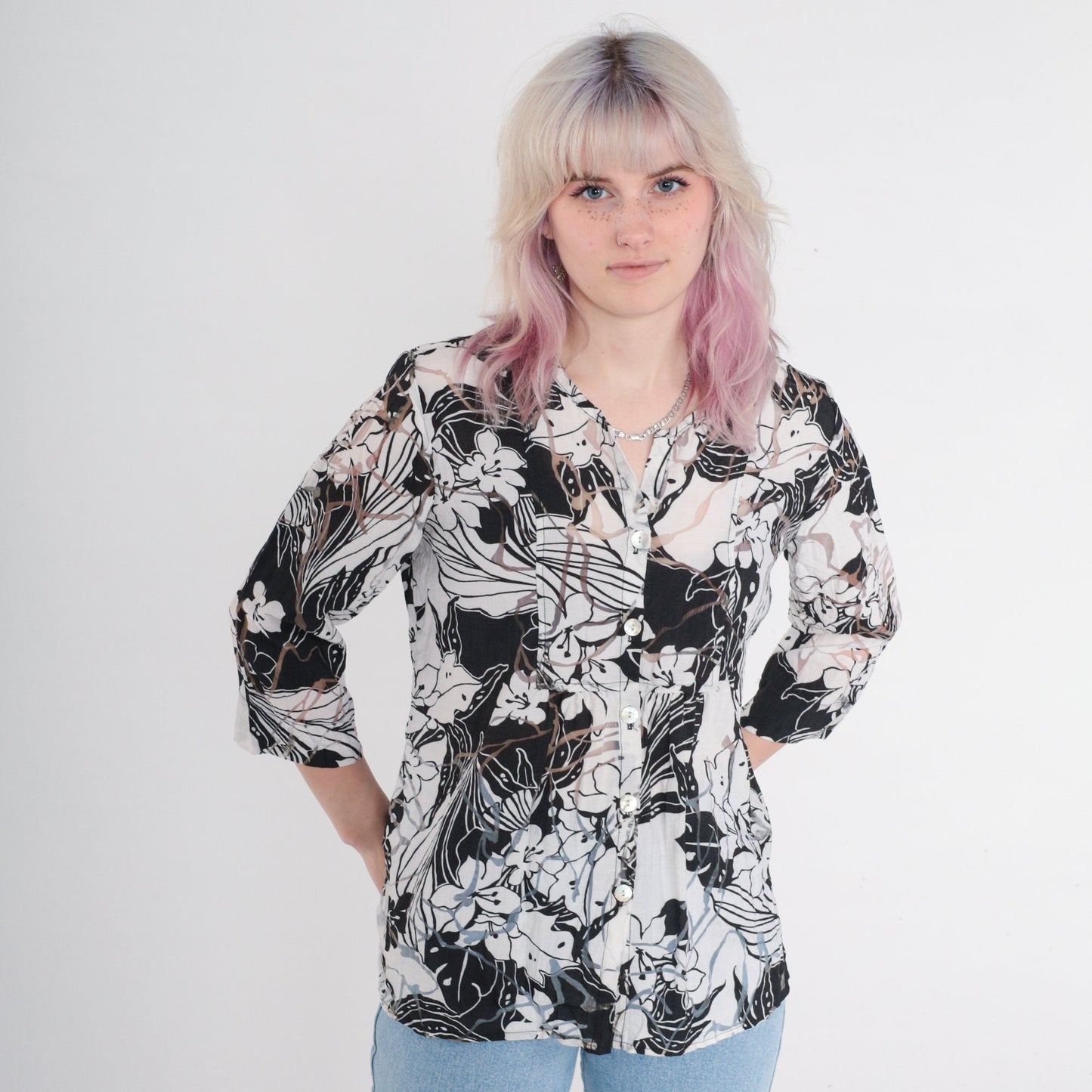 Y2K Sheer Floral Blouse Black White Button Up 3/4 Sleeve Medium M