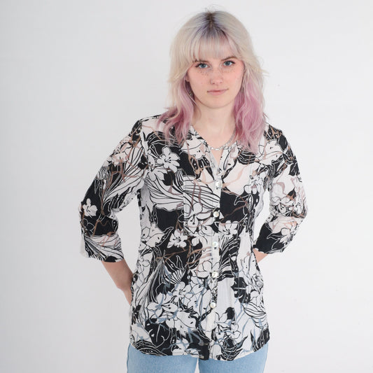 Y2K Sheer Floral Blouse Black White Button Up 3/4 Sleeve Medium M