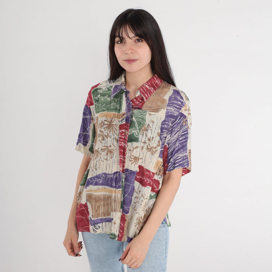 90s Floral Button-Up Blouse Short Sleeve Shirt Cream Red Purple Green Medium