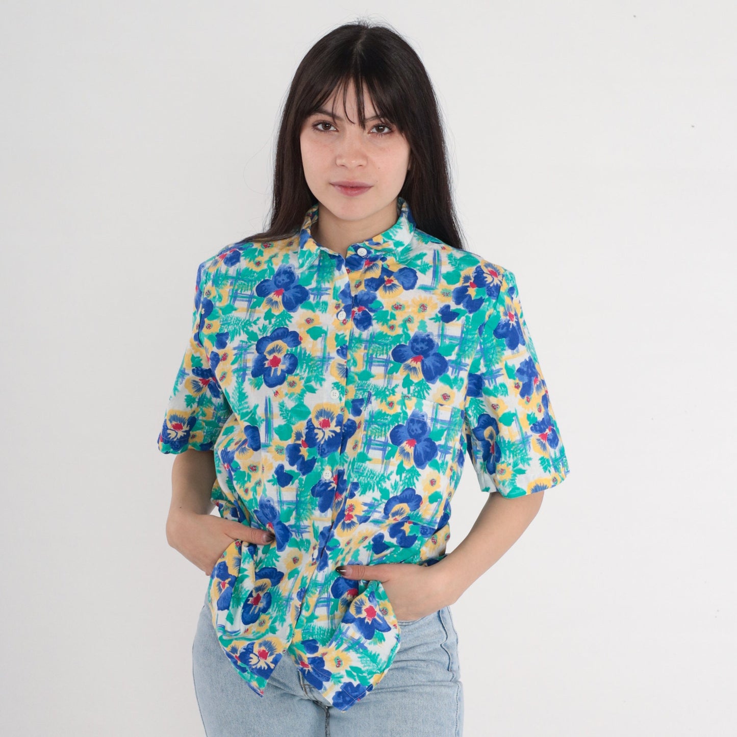 90s Cherokee Floral Button-Up Blouse Short Sleeve Cotton Green Blue Yellow Red Small S