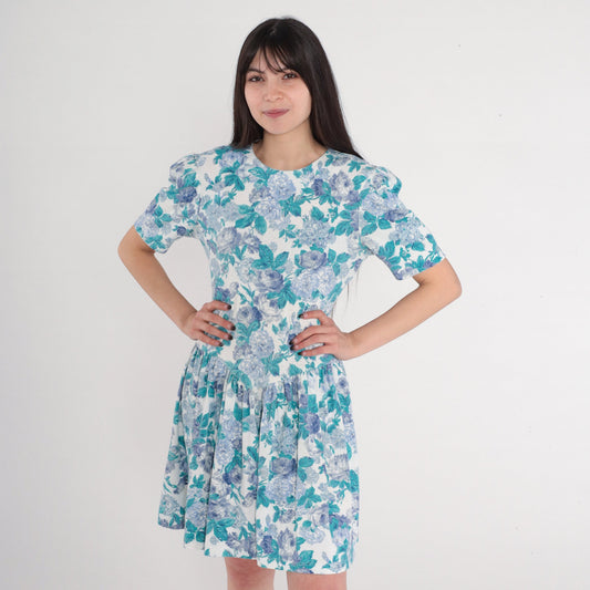 80s Floral Mini Dress Puff Sleeve White Rose Print Basque Waist Small