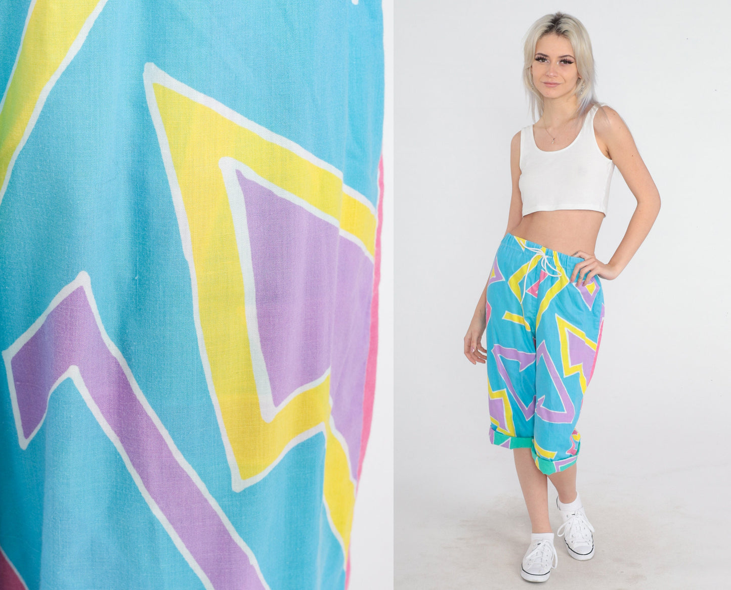 80s Blue Capri Pants Abstract Geometric Print High Waist Drawstring Small Medium