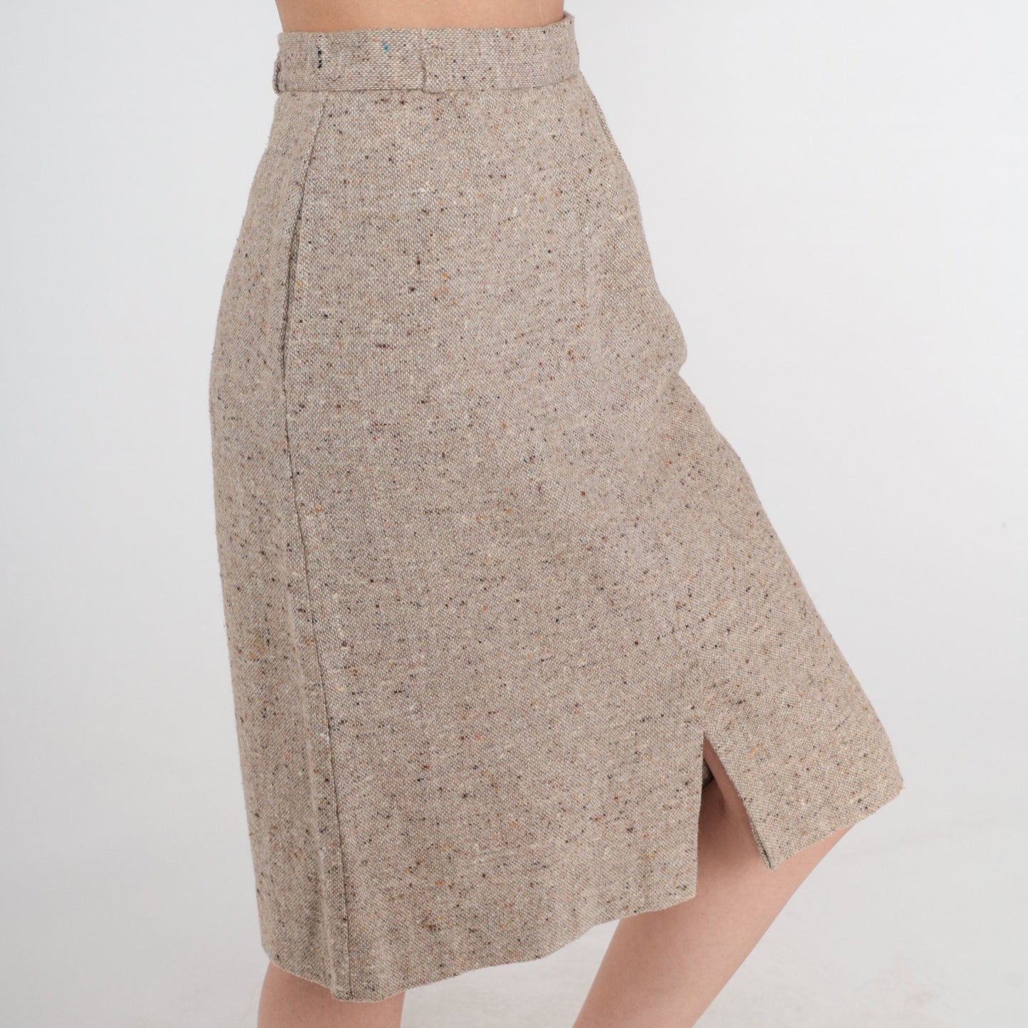 70s Wool Blend Pencil Skirt Tan High Waist Midi Front Slit Small