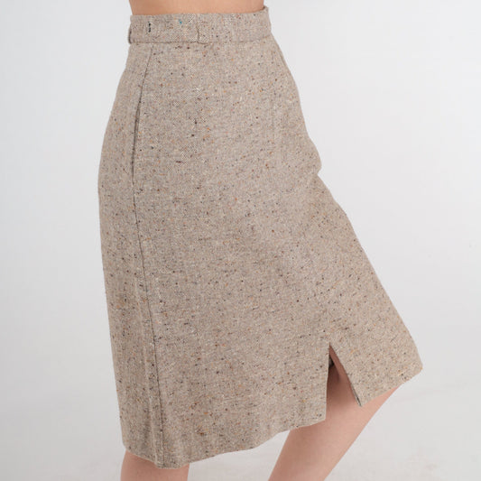 70s Wool Blend Pencil Skirt Tan High Waist Midi Front Slit Small