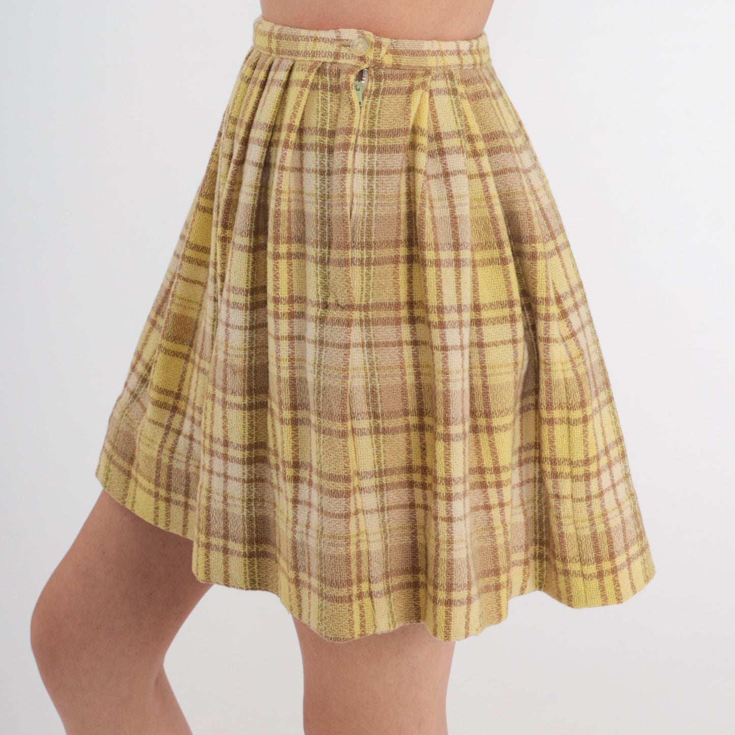 60s Yellow Plaid Wool Mini Skirt High Waisted Pleated School Girl Extra Small