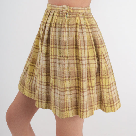 60s Yellow Plaid Wool Mini Skirt High Waisted Pleated School Girl Extra Small