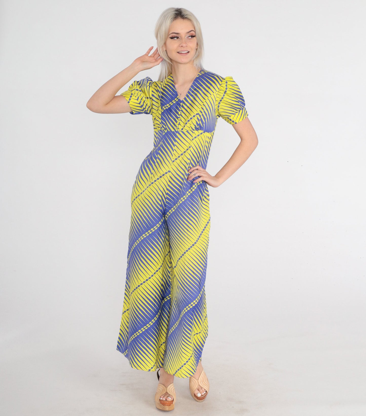 70s Jumpsuit Purple Yellow Striped Psychedelic Empire Waist Wide Leg Puff Sleeve XS