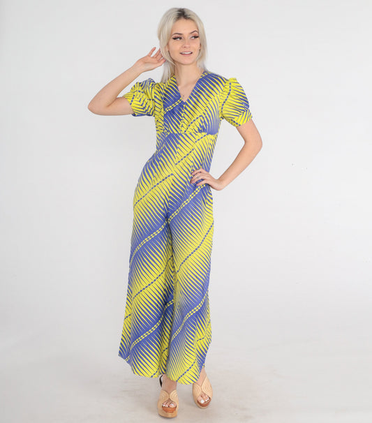 70s Jumpsuit Purple Yellow Striped Psychedelic Empire Waist Wide Leg Puff Sleeve XS