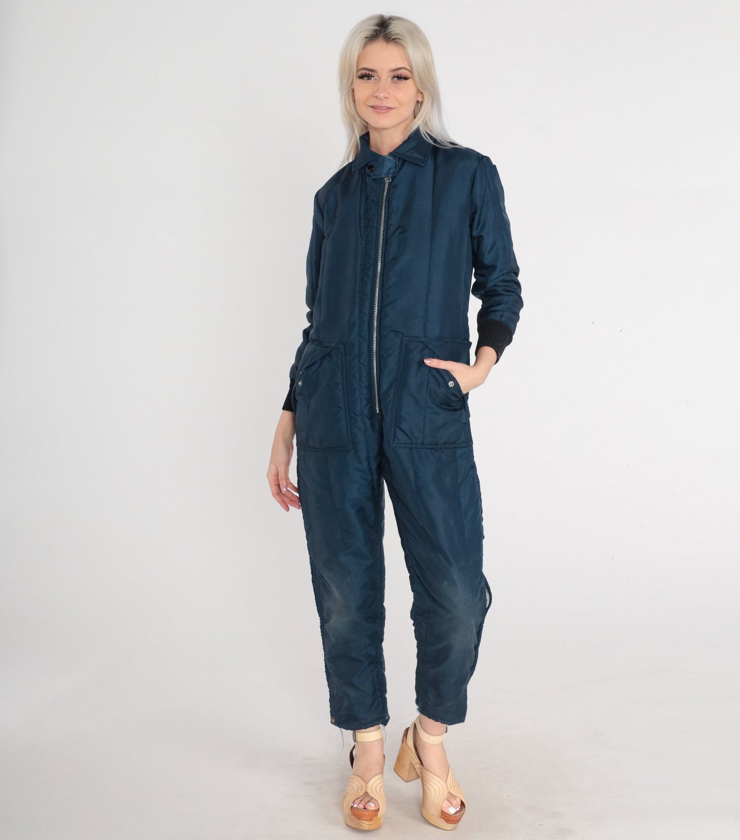 70s Snow Shield Navy Insulated Ski Suit Jumpsuit Ankle Zip XS