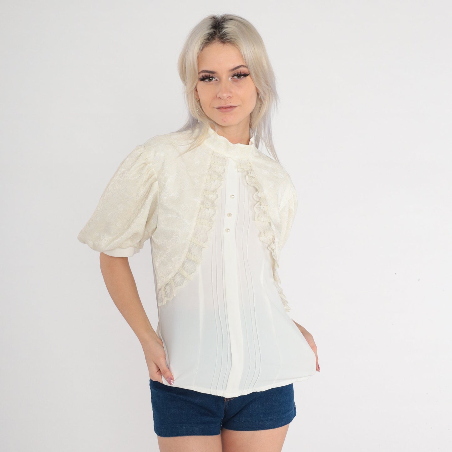 70s White Lace Blouse Puff Sleeve High Neck Pearl Button Shirt Small
