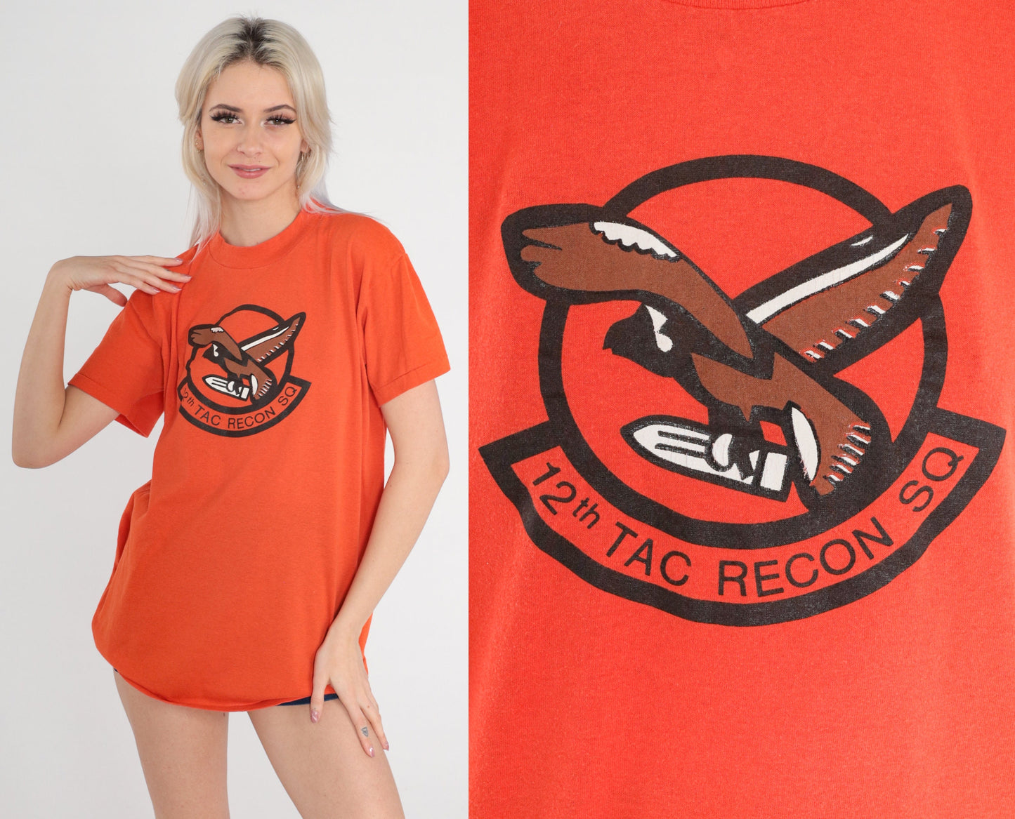 80s 12th Tac Recon Squadron F-16 Graphic T-Shirt Orange Single Stitch Large