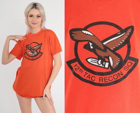 80s 12th Tac Recon Squadron F-16 Graphic T-Shirt Orange Single Stitch Large