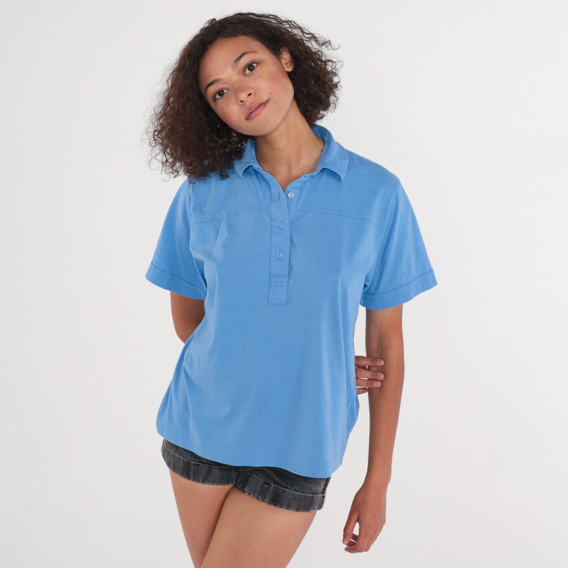 90s Blue Polo Shirt Cotton Blend Collared Short Sleeve Large L