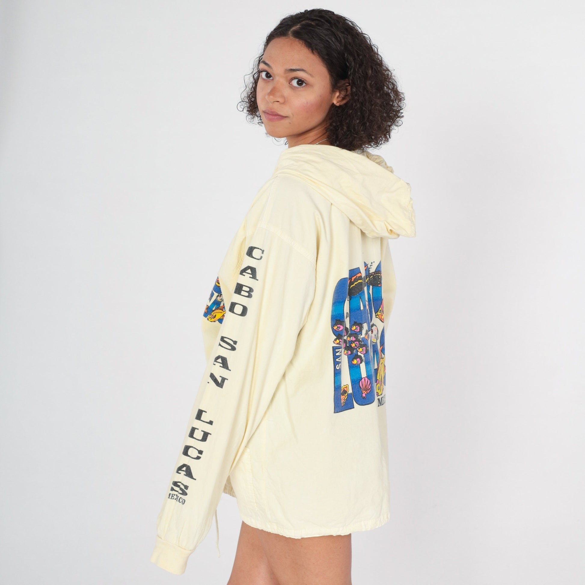 90s Cabo San Lucas Windbreaker Jacket Pale Yellow Hooded Cotton XL