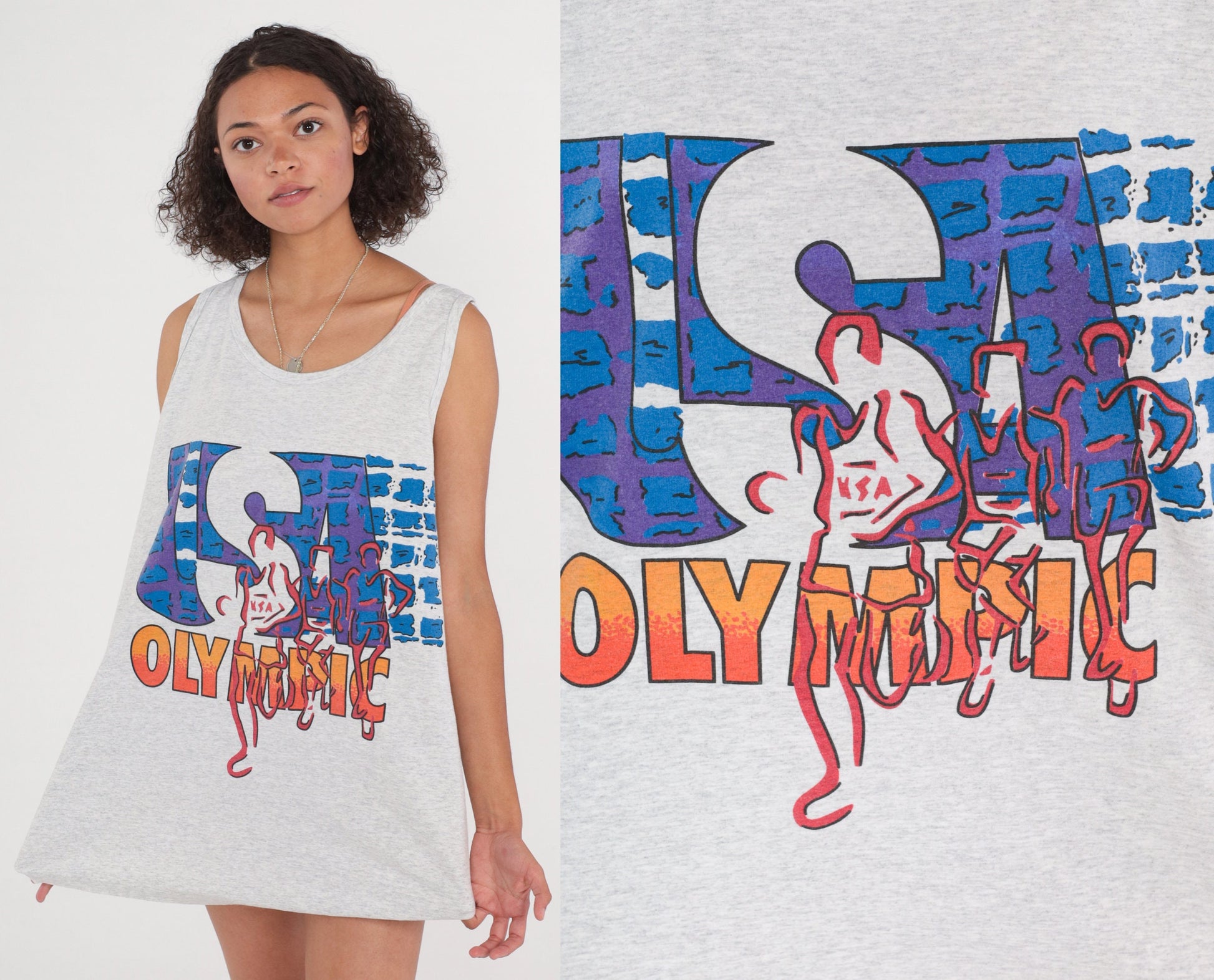 90s USA Olympic Games Tank Top Graphic Tee Single Stitch Grey Extra Large XL