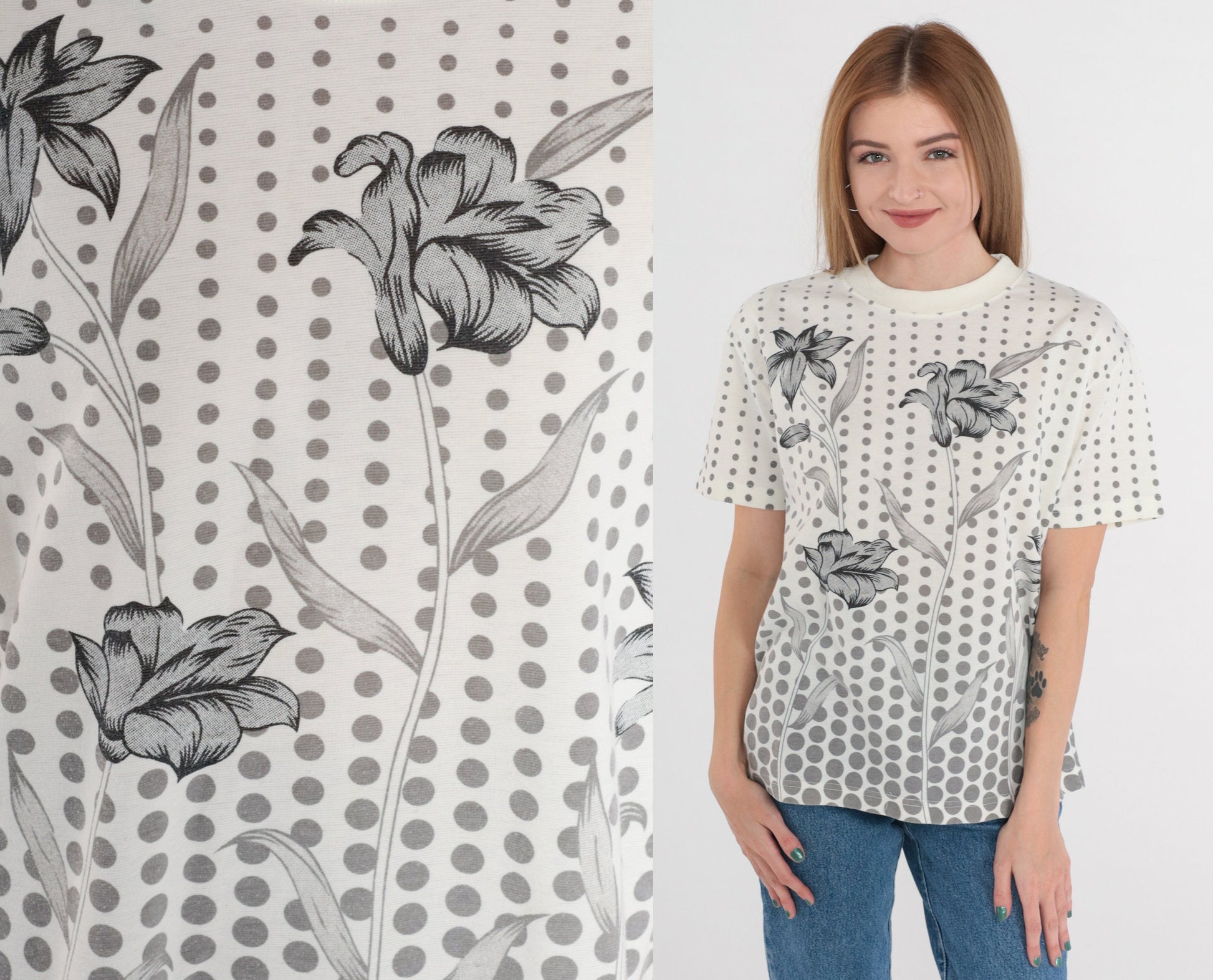 90s Floral Polka Dot Graphic Tee White Grey Cotton T-Shirt Large L