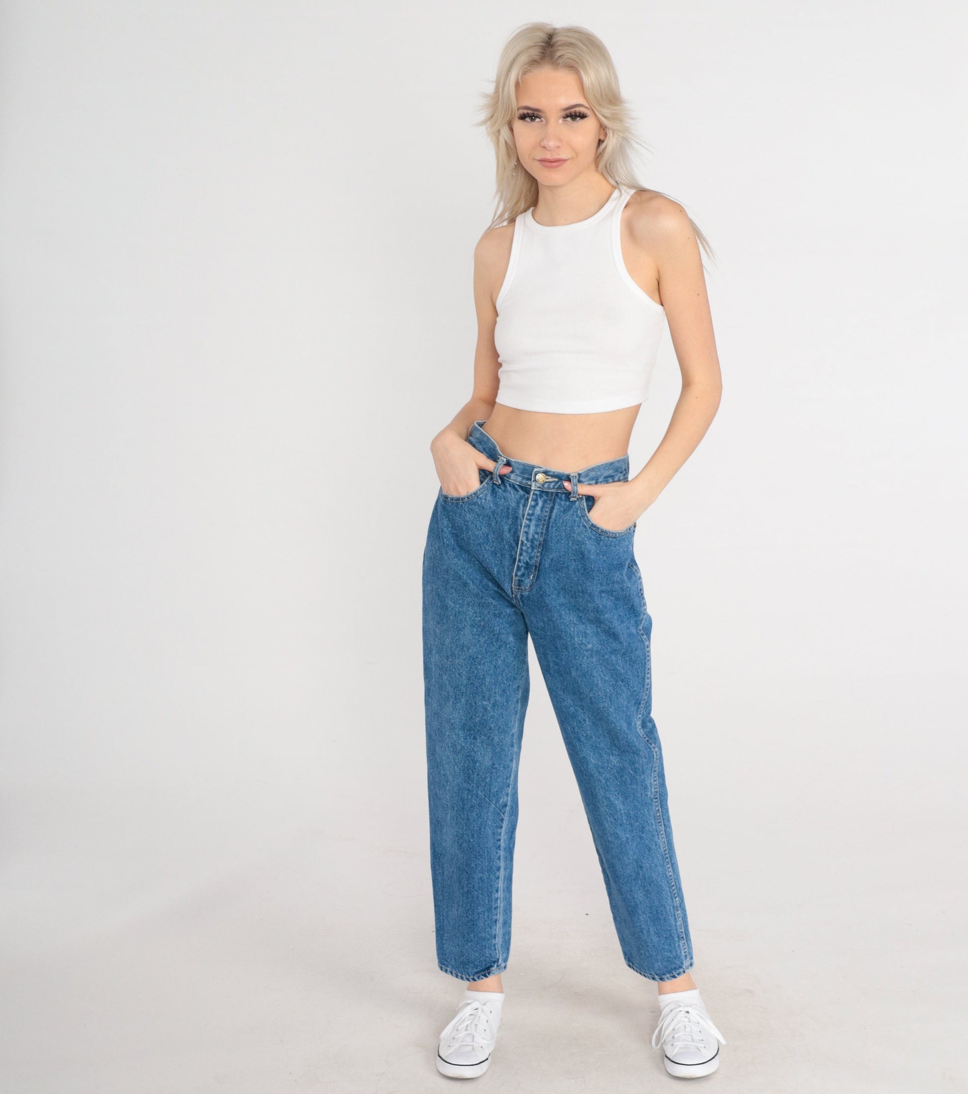 90s High-Rise Tapered Mom Jeans Blue Denim Small 26